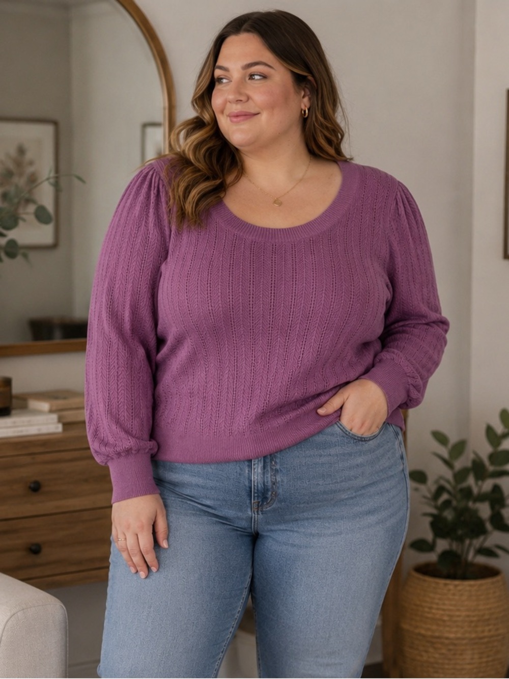 Reitmans Plum Pointelle Knit Sweater 2X Soft Stretch Preppy Cottagecore Coquette